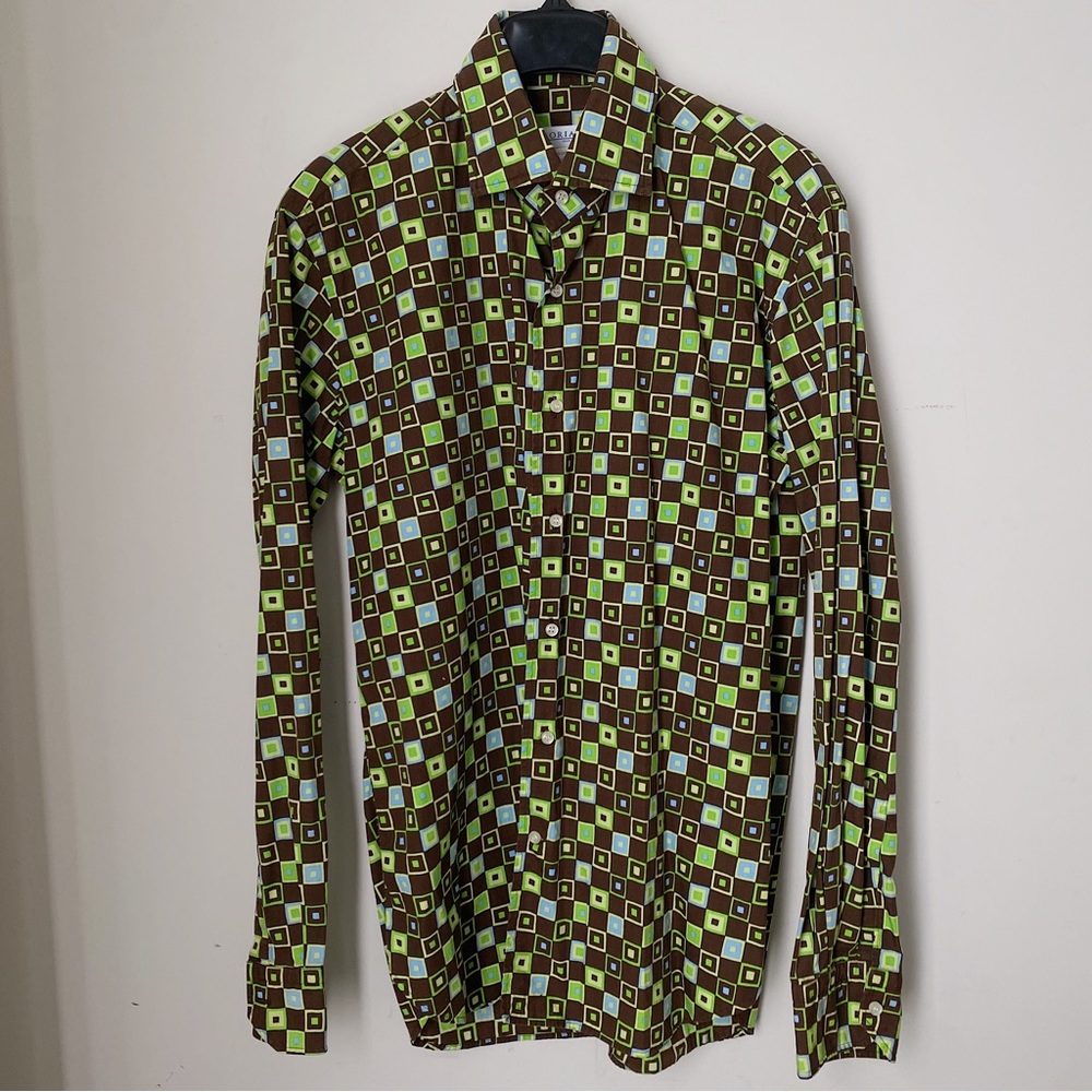 Orian 1968 Brown Green Geometric Square Print m Button Down Cotton Dress Shirt L